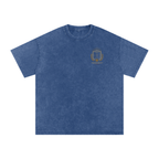 Front of Dark Blue washed oversized T-shirt with a small La Cancha Sagrada chest graphic