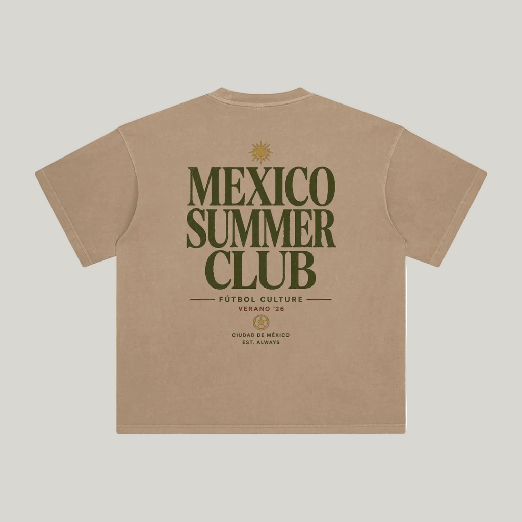 Back of Camel enzyme-washed T-shirt with large Mexico Summer Club typography