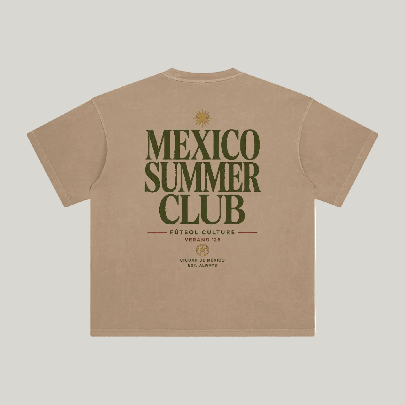 Back of Camel enzyme-washed T-shirt with large Mexico Summer Club typography