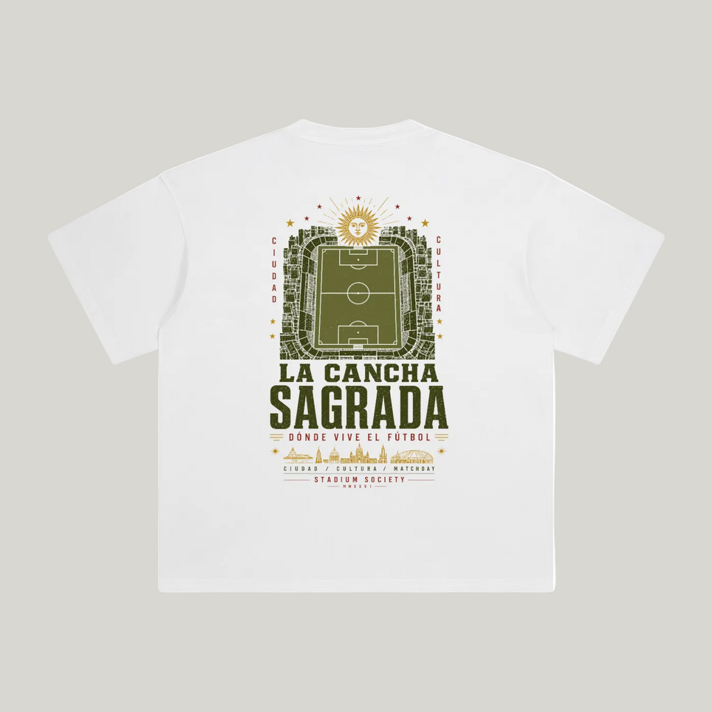 Back of White enzyme-washed T-shirt with a large La Cancha Sagrada field graphic