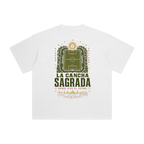 Back of White enzyme-washed T-shirt with a large La Cancha Sagrada field graphic