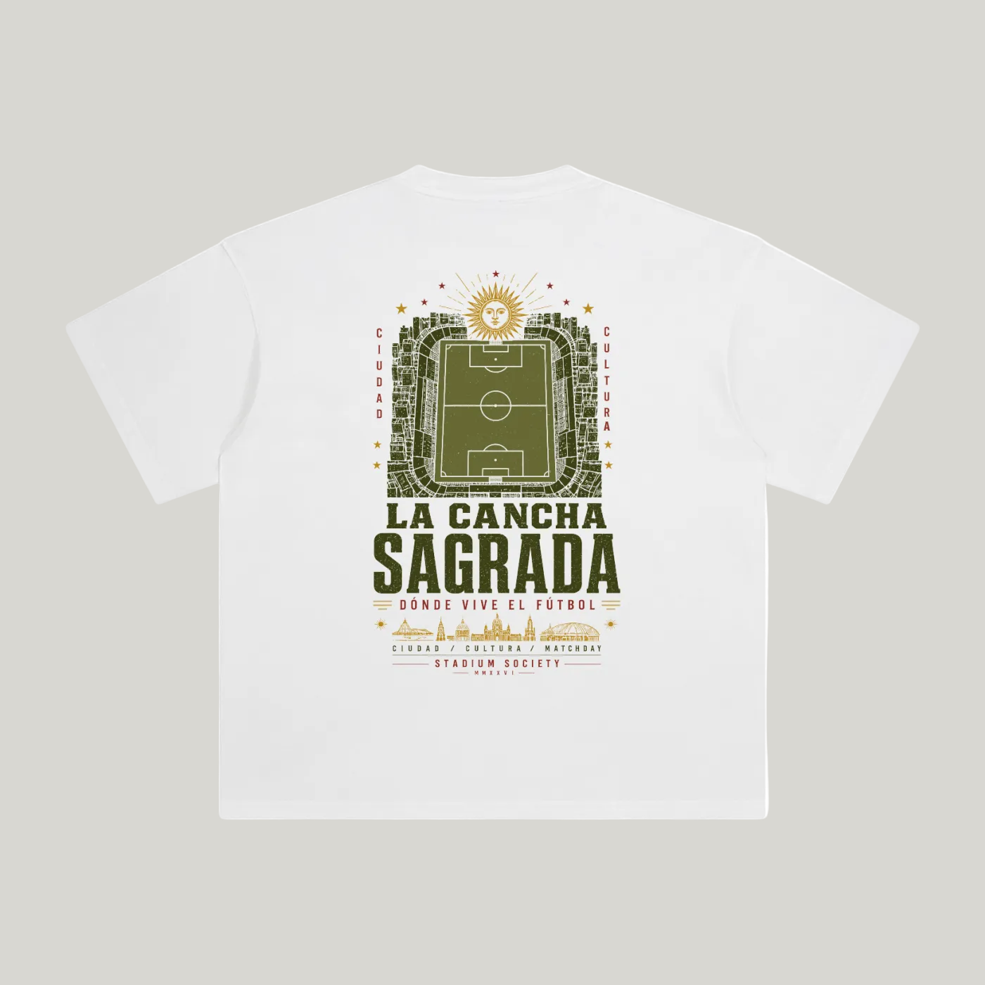 Back of White enzyme-washed T-shirt with a large La Cancha Sagrada field graphic