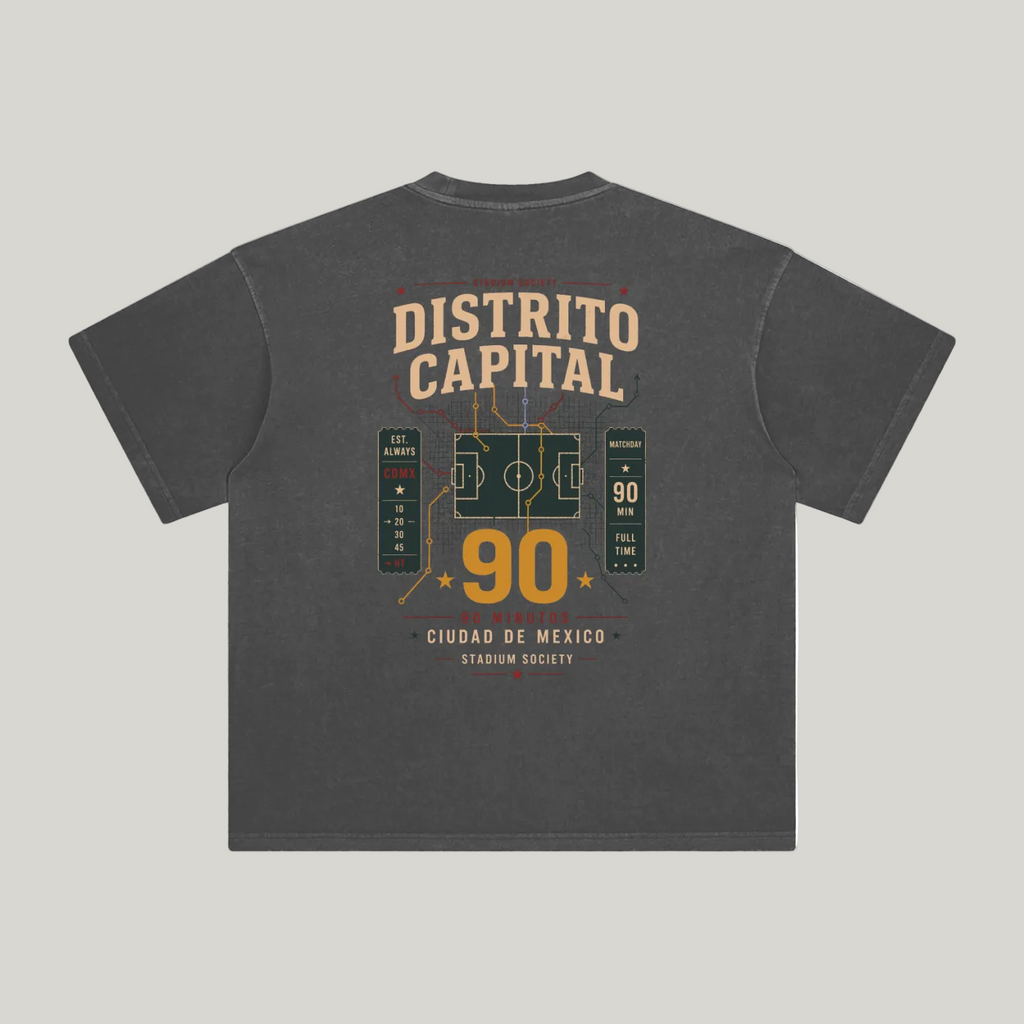 Back of Dark Gray enzyme-washed T-shirt with a large Distrito Capital 90 poster graphic