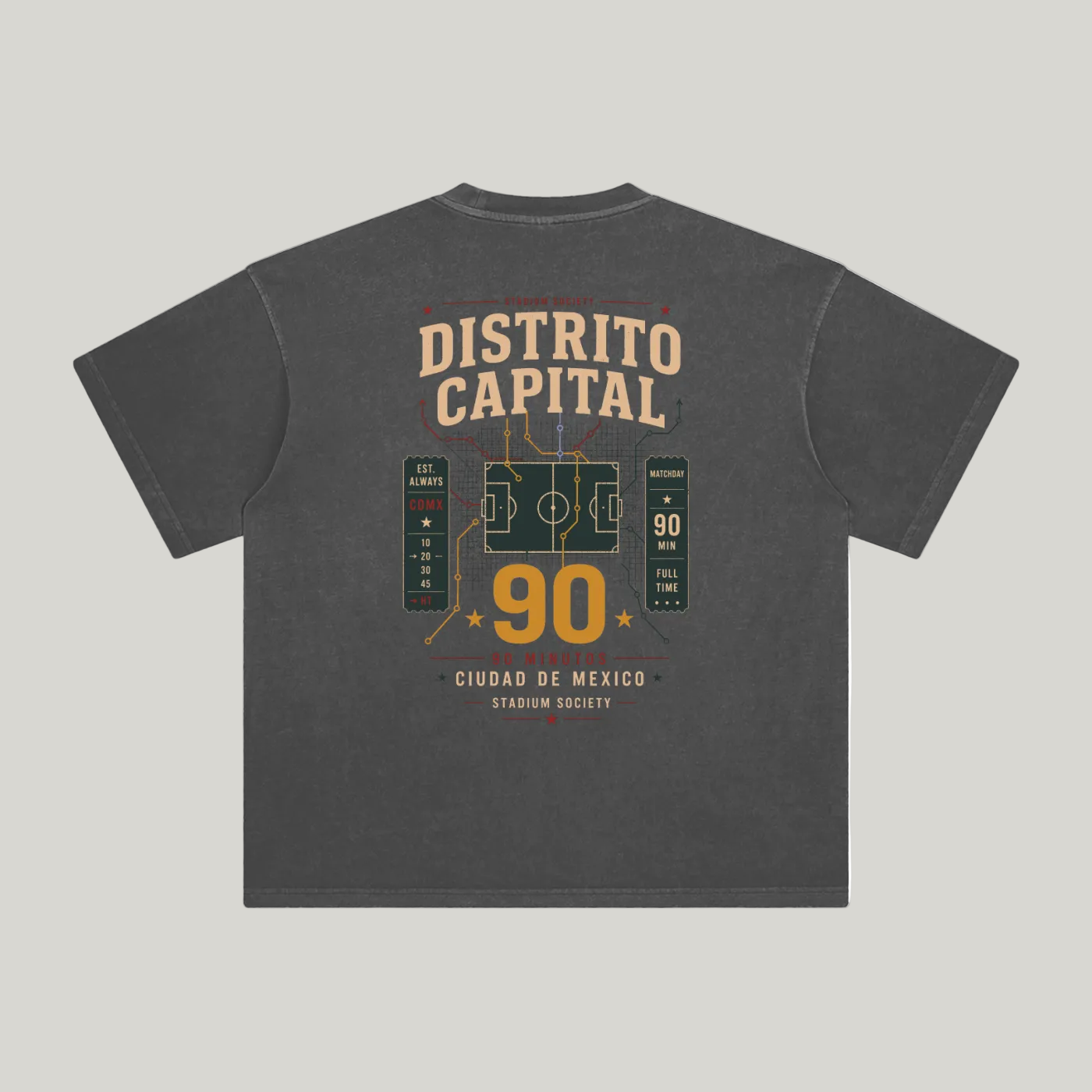 Back of Dark Gray enzyme-washed T-shirt with a large Distrito Capital 90 poster graphic