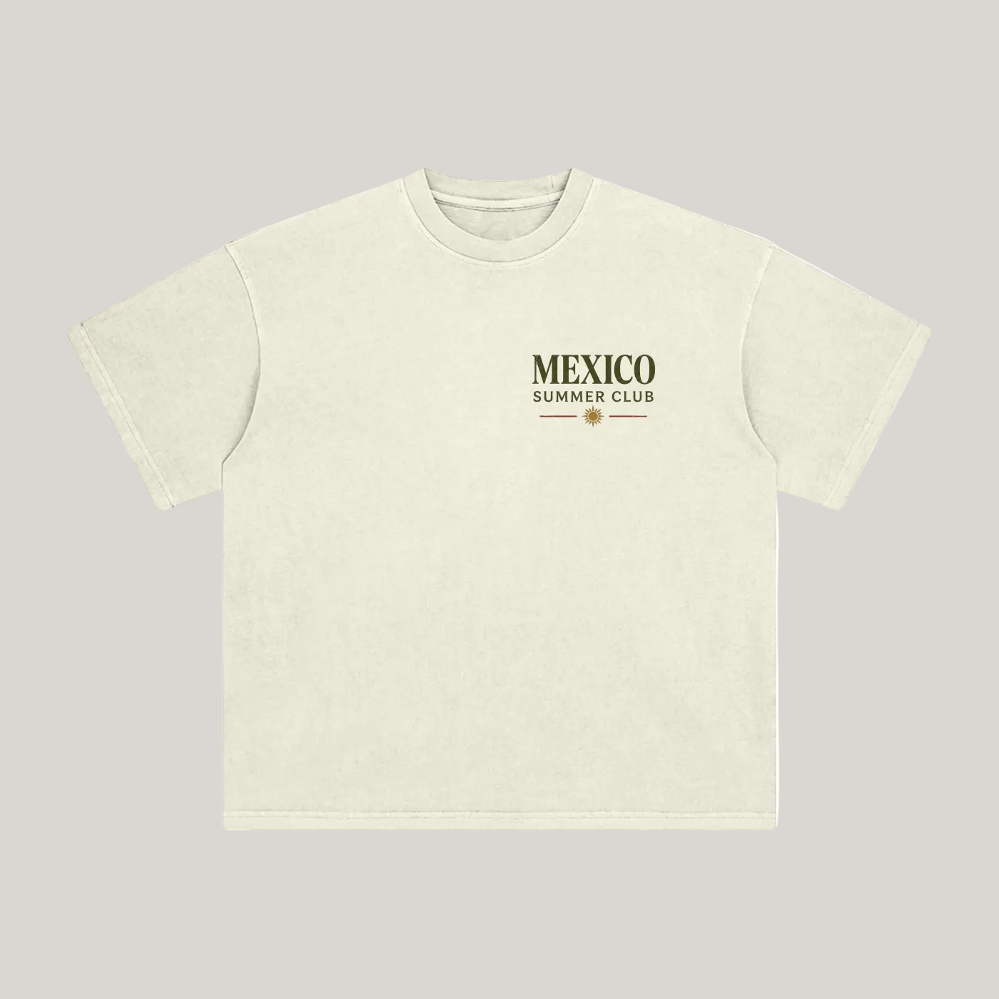 Front of Apricot enzyme-washed T-shirt with a small Mexico Summer Club chest graphic