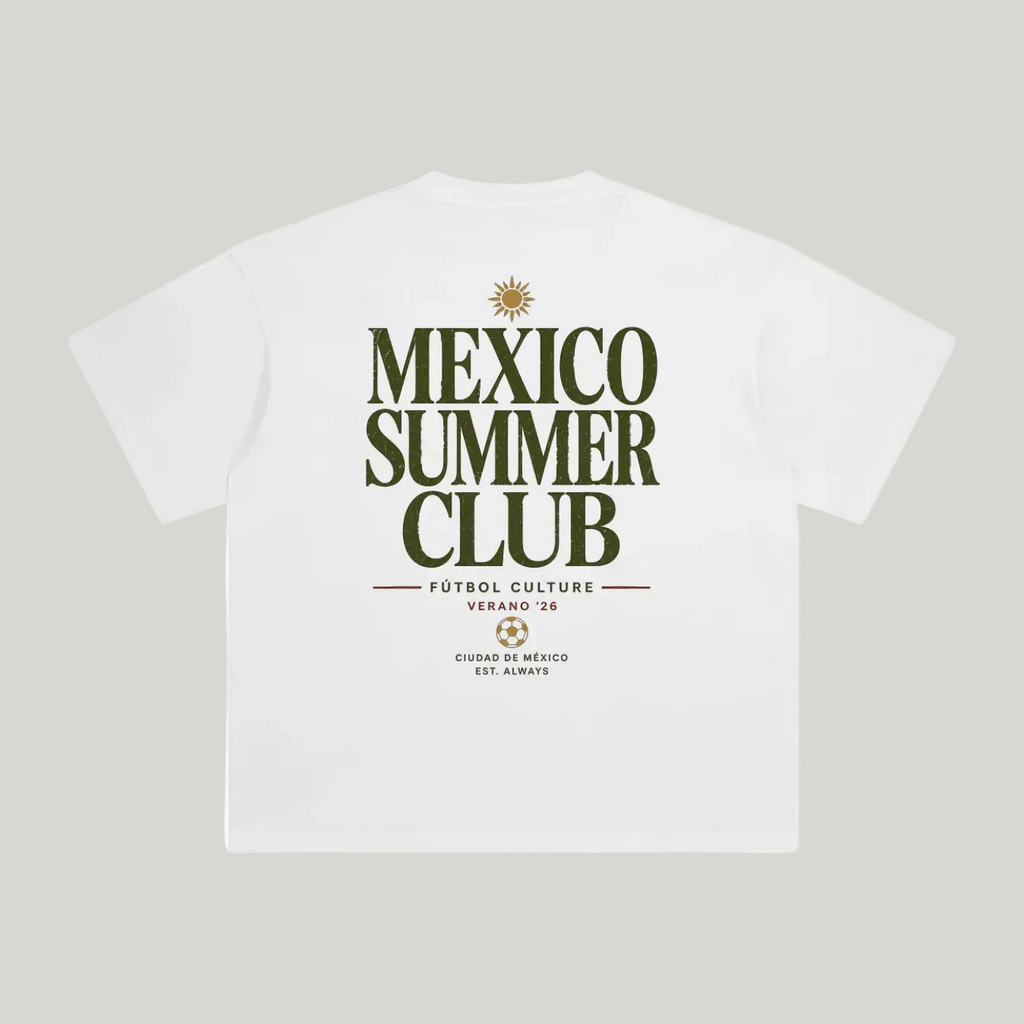 Back of White enzyme-washed T-shirt with large Mexico Summer Club typography