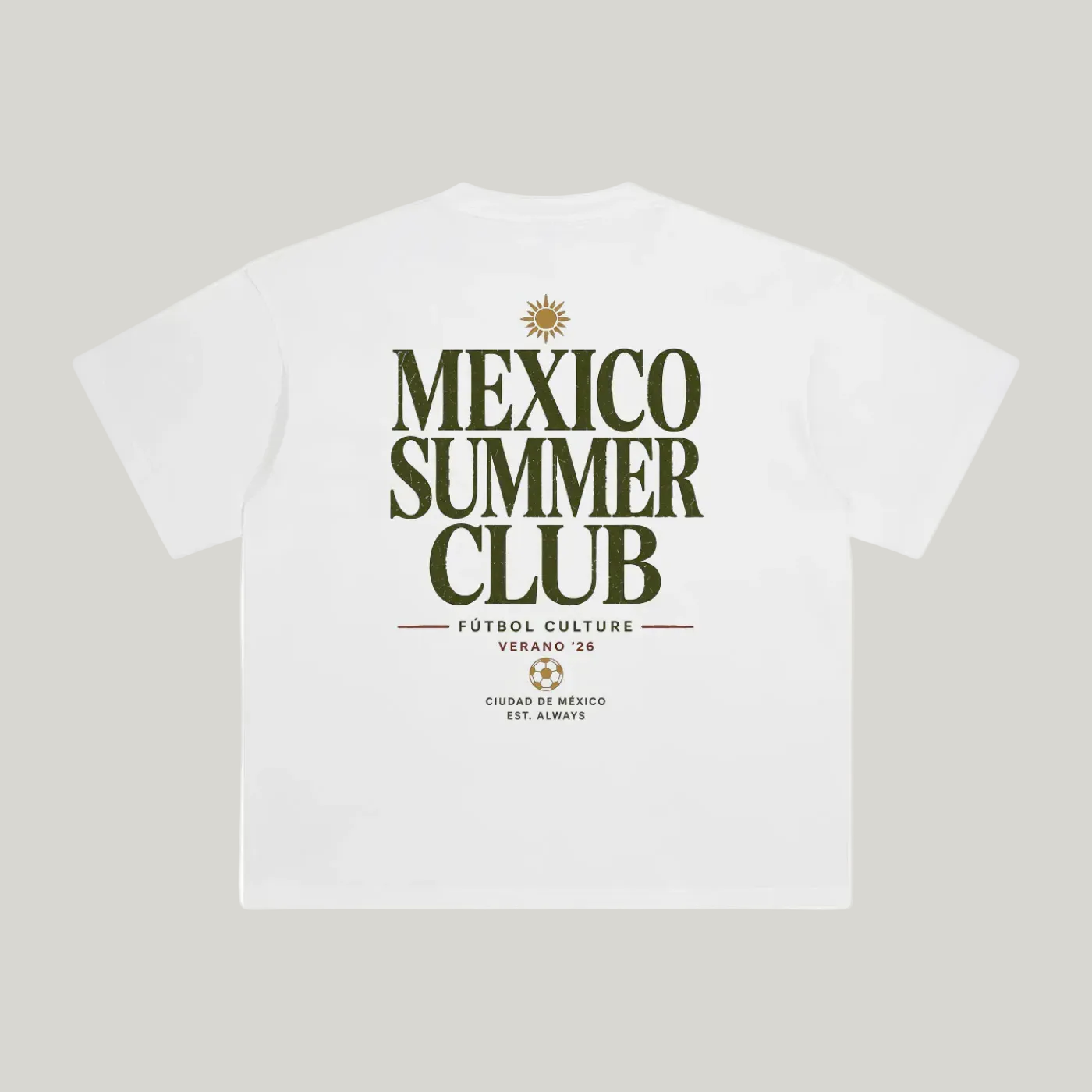 Back of White enzyme-washed T-shirt with large Mexico Summer Club typography