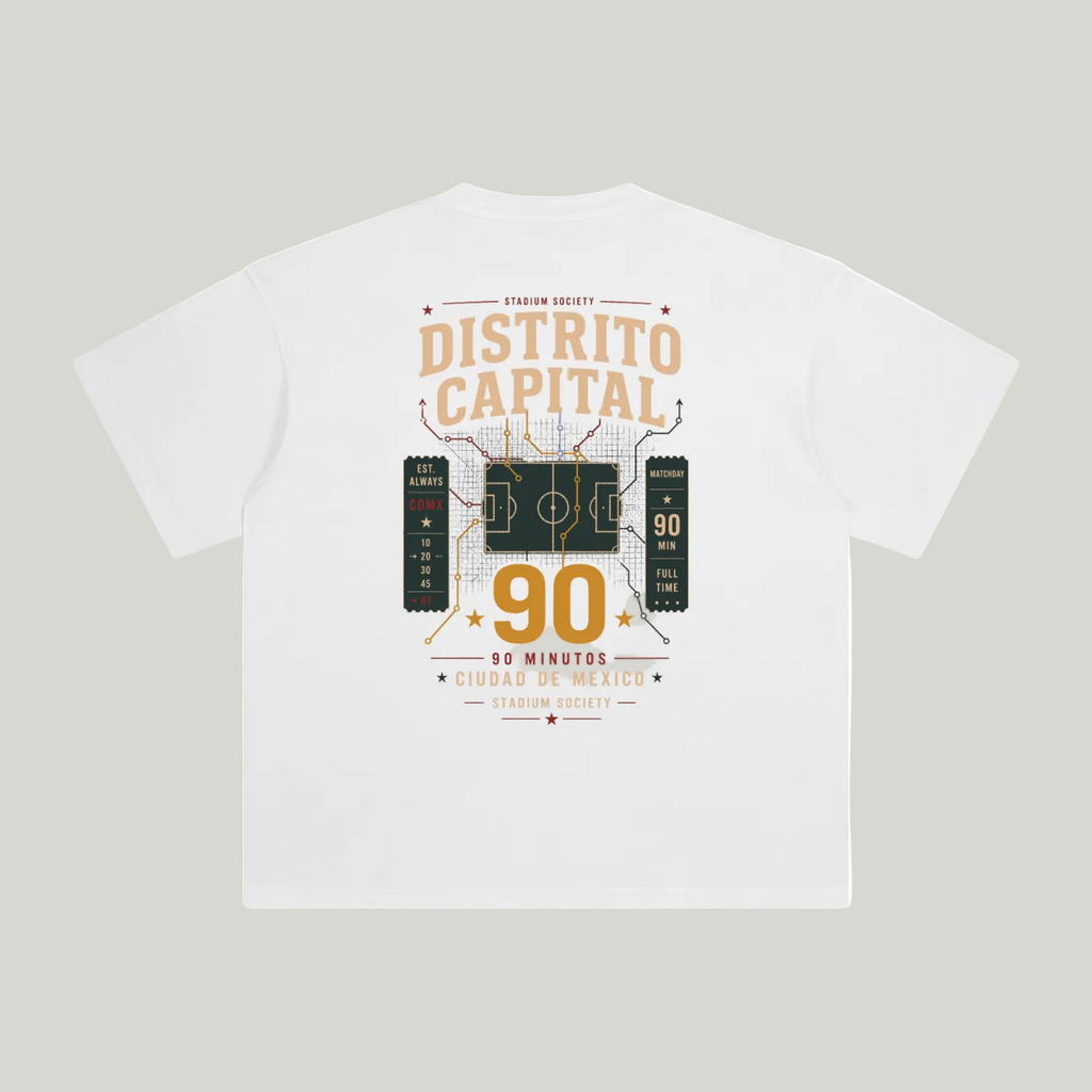 Back of White enzyme-washed T-shirt with a large Distrito Capital 90 poster graphic