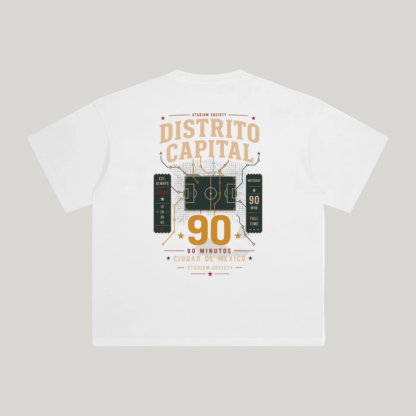 Back of White enzyme-washed T-shirt with a large Distrito Capital 90 poster graphic