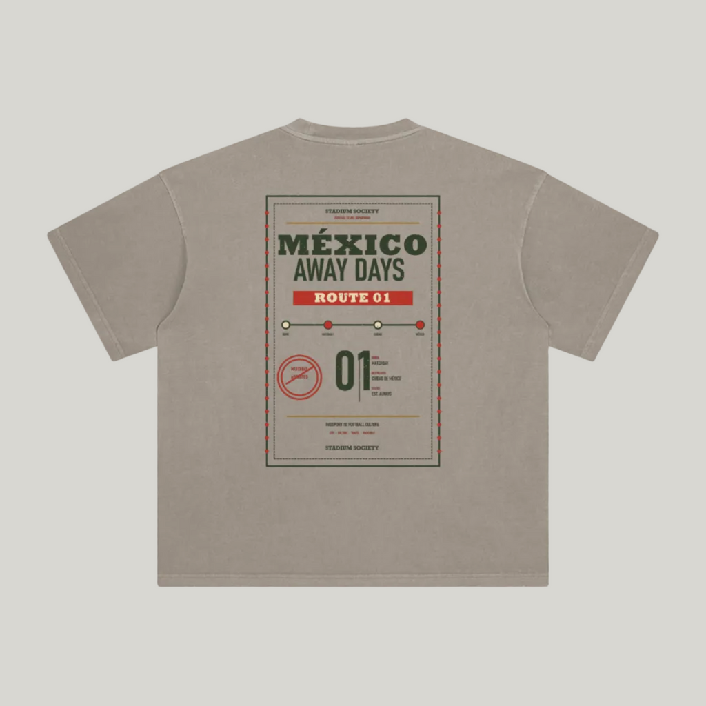 Back of Khaki enzyme-washed T-shirt with a large Mexico Away Days travel graphic