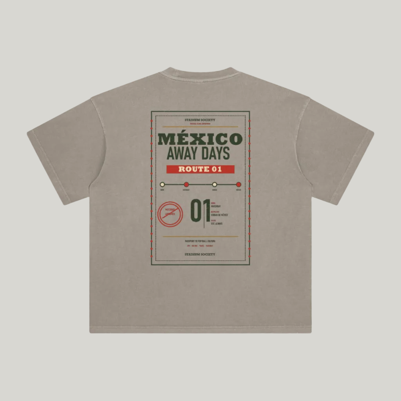 Back of Khaki enzyme-washed T-shirt with a large Mexico Away Days travel graphic