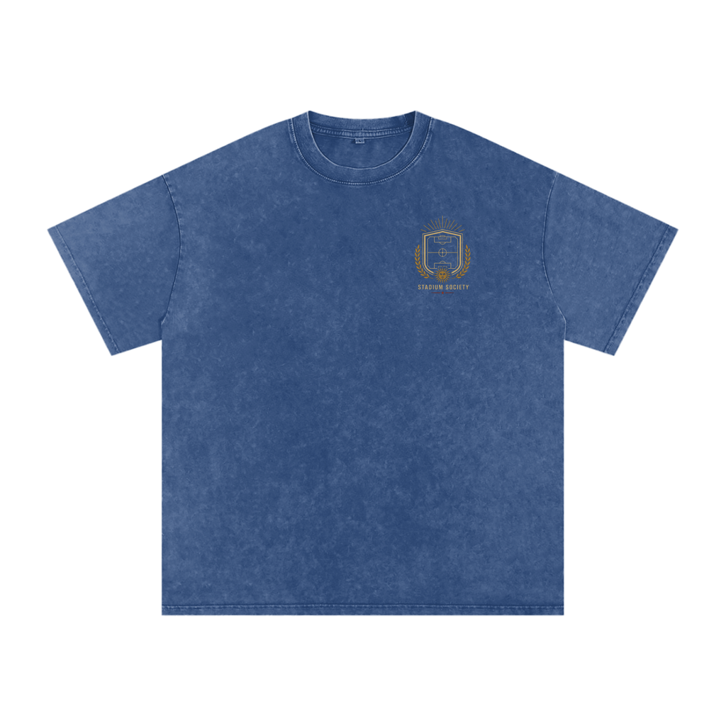 Front of Dark Blue washed oversized T-shirt with a small Distrito Capital 90 chest graphic