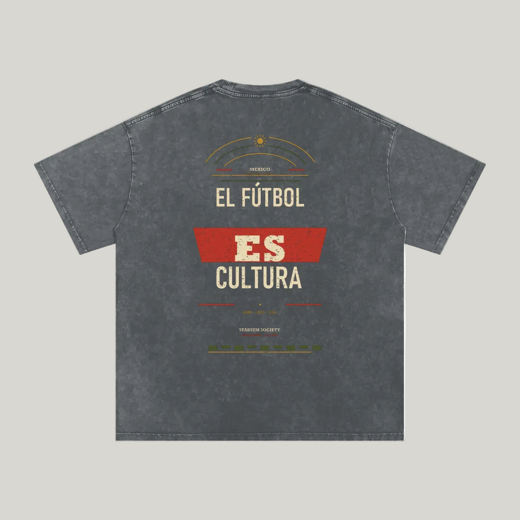 Back of Pirate Gray washed oversized T-shirt with large El Fútbol Es Cultura typography