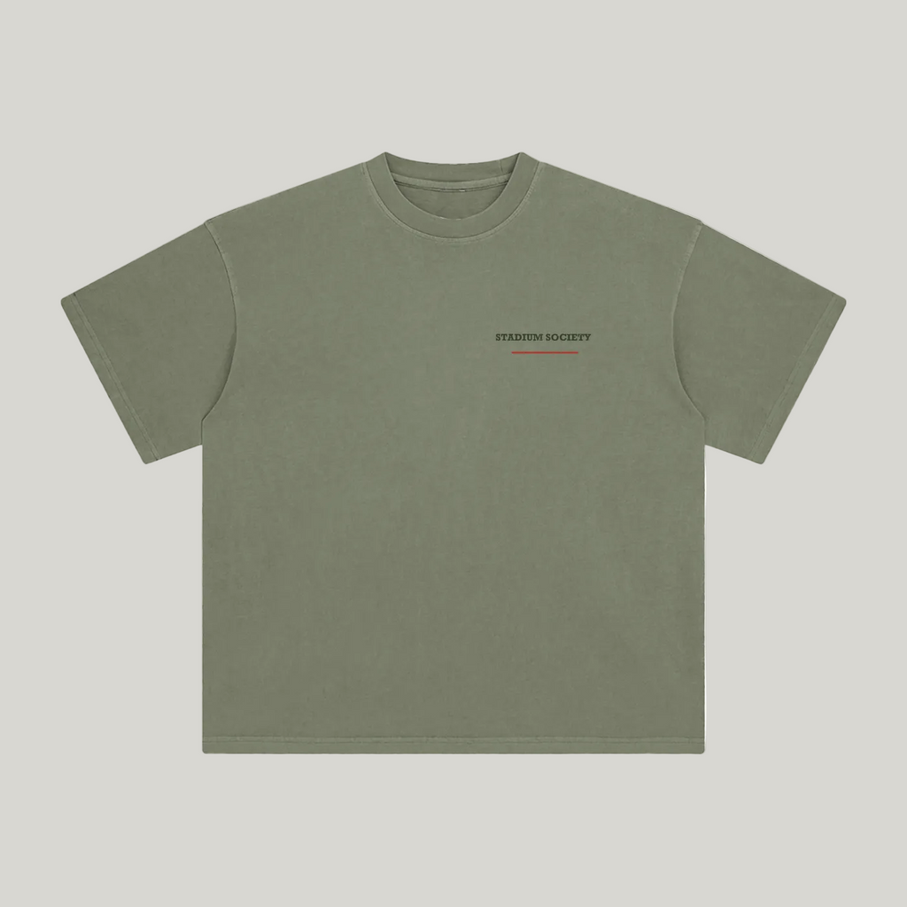 Front of Gray Green enzyme-washed T-shirt with a small Stadium Society chest mark