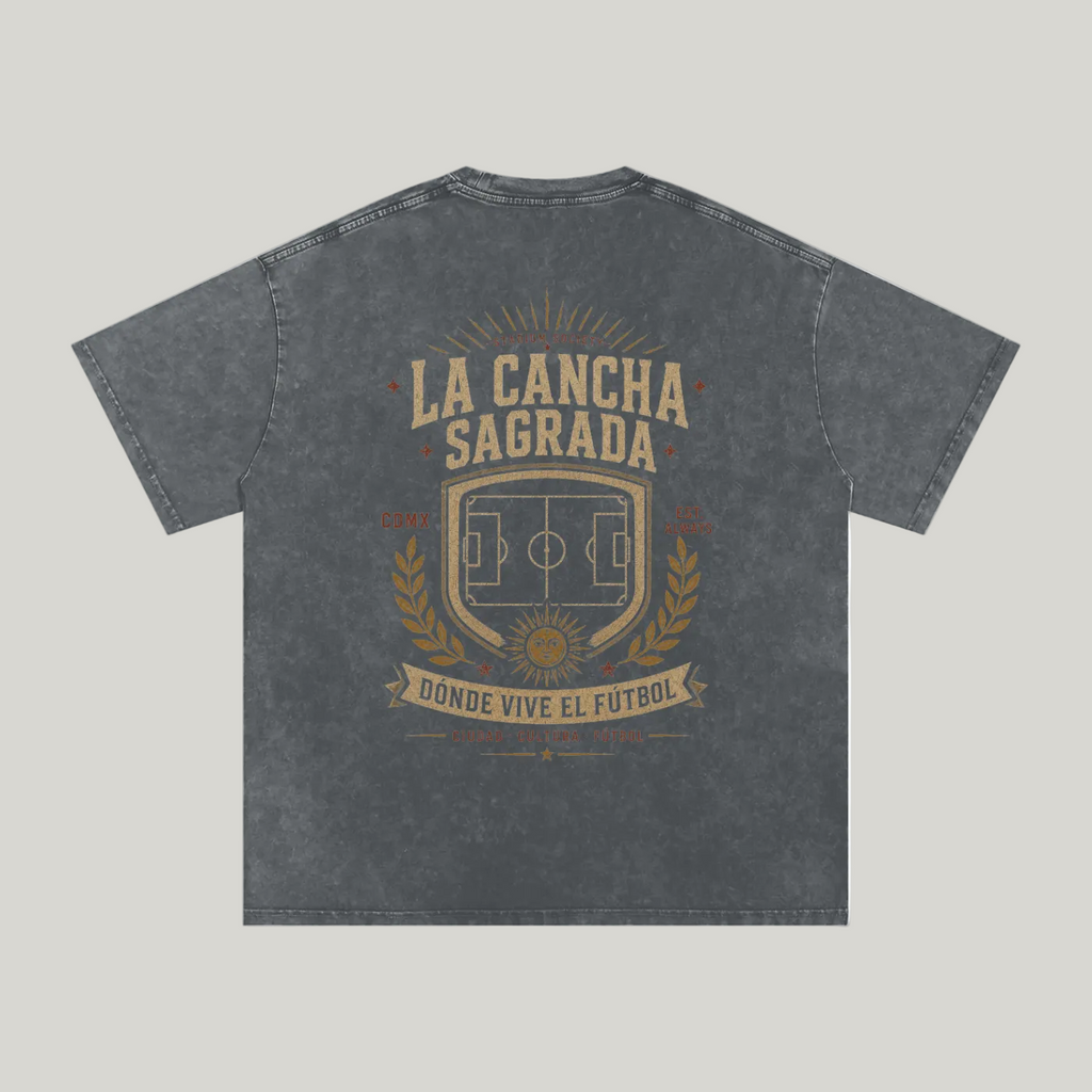 Back of Pirate Gray washed oversized T-shirt with a large La Cancha Sagrada field graphic