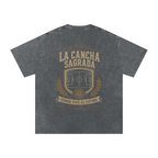 Back of Pirate Gray washed oversized T-shirt with a large La Cancha Sagrada field graphic