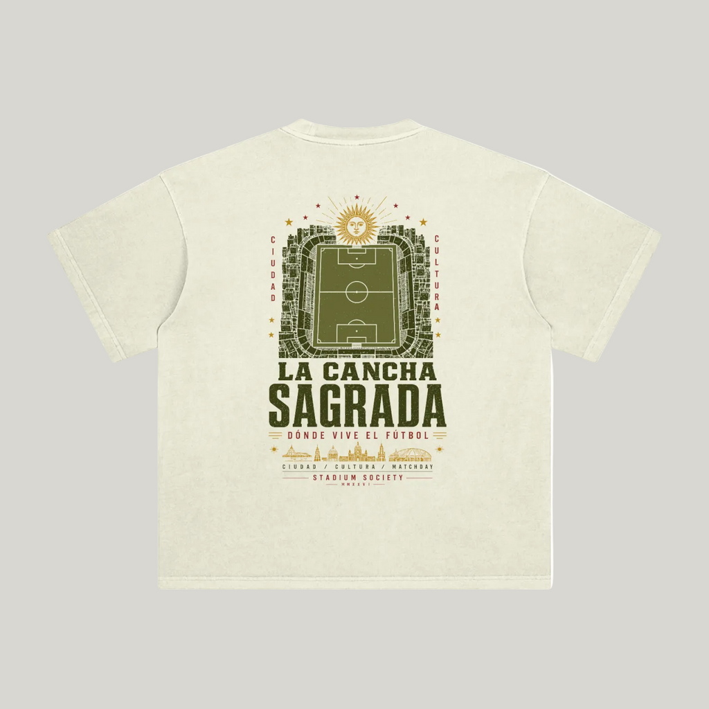 Back of Apricot enzyme-washed T-shirt with a large La Cancha Sagrada field graphic