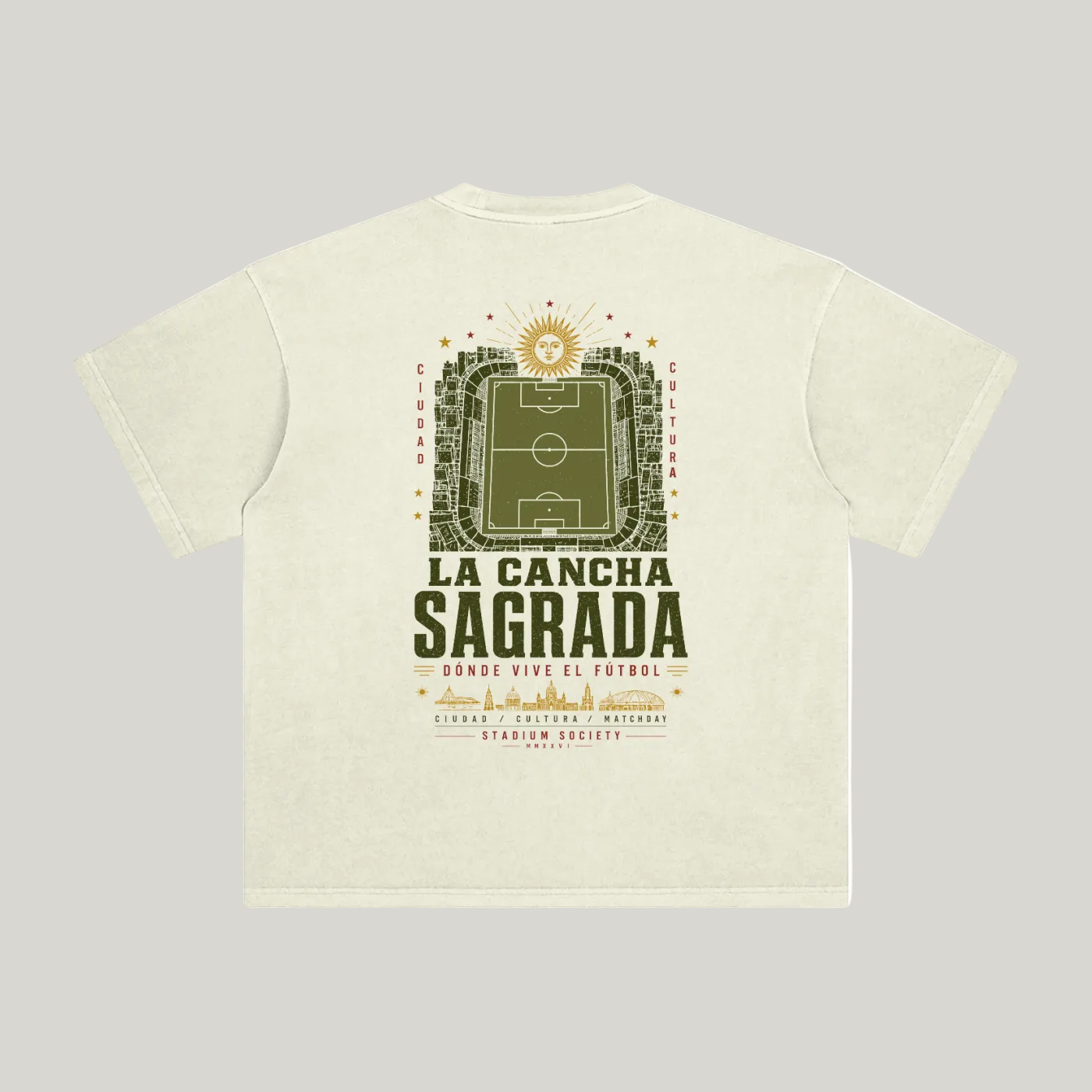 Back of Apricot enzyme-washed T-shirt with a large La Cancha Sagrada field graphic