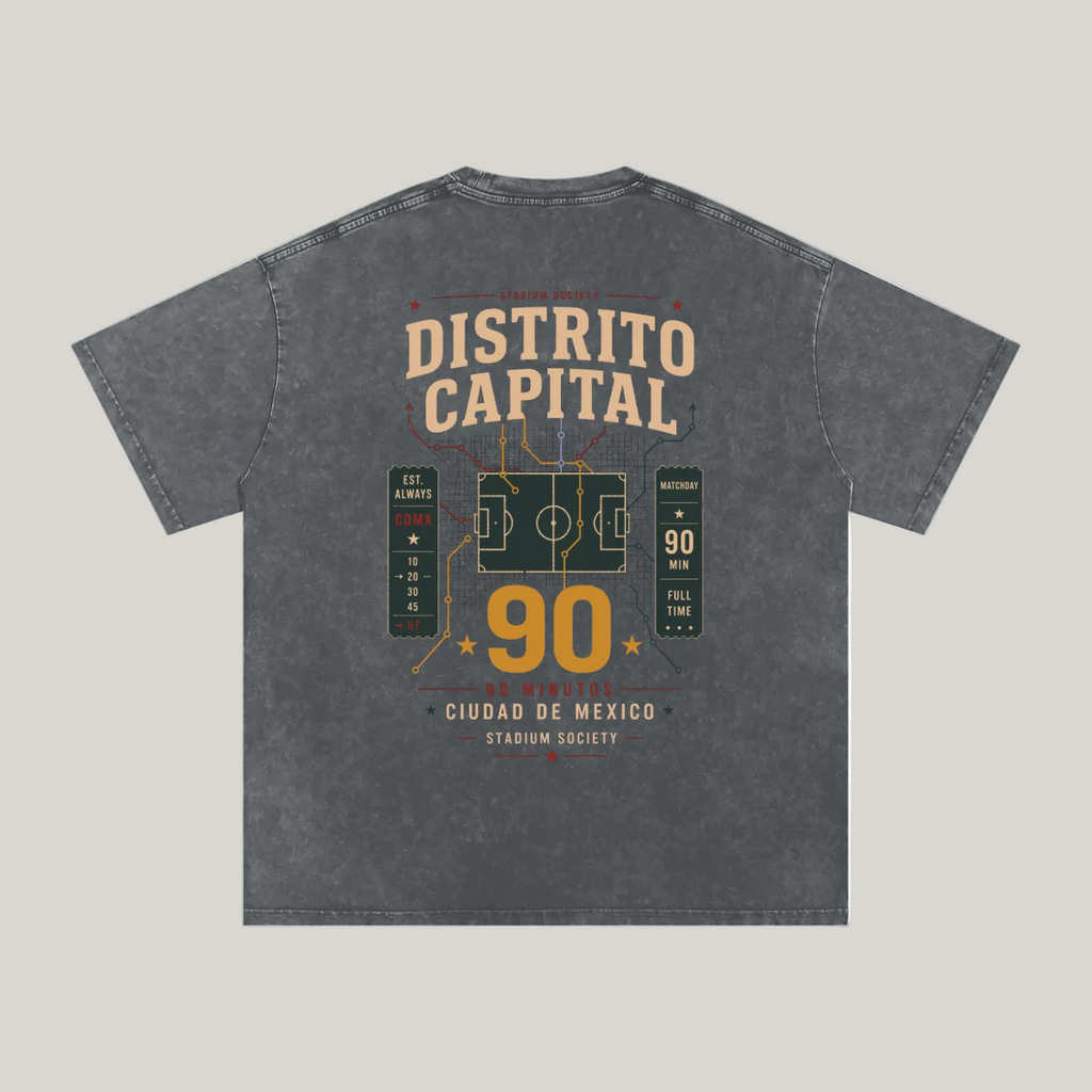 Back of Pirate Gray washed oversized T-shirt with a large Distrito Capital 90 poster graphic