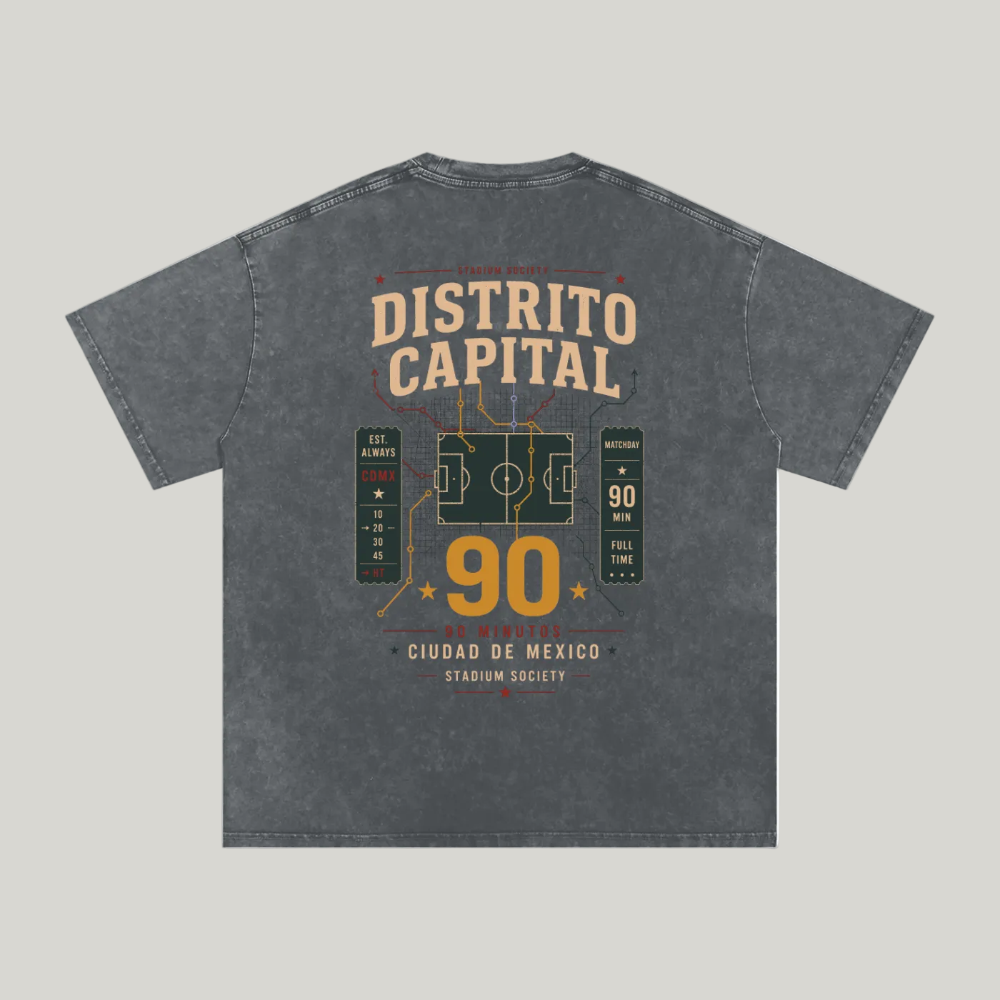 Back of Pirate Gray washed oversized T-shirt with a large Distrito Capital 90 poster graphic