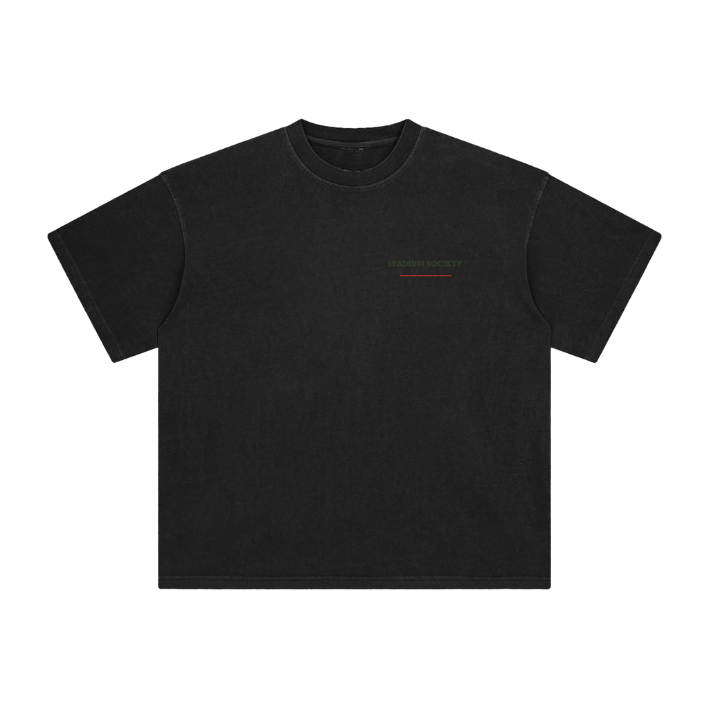 Front of Retro Black enzyme-washed T-shirt with a small Stadium Society chest mark