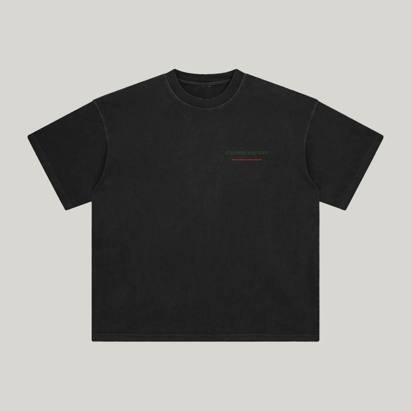 Front of Retro Black enzyme-washed T-shirt with a small Stadium Society chest mark