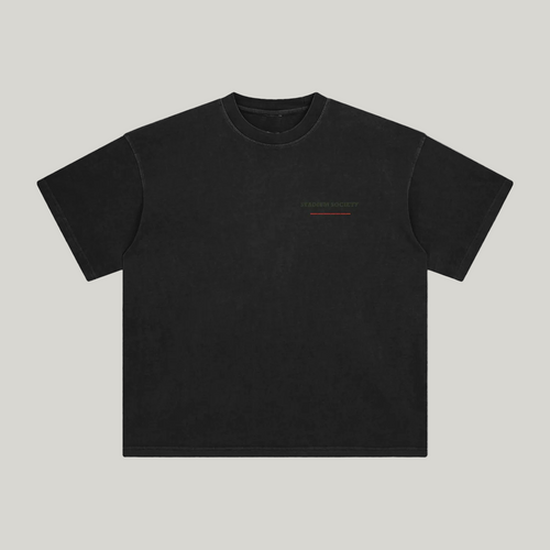 Front of Retro Black enzyme-washed T-shirt with a small Stadium Society chest mark