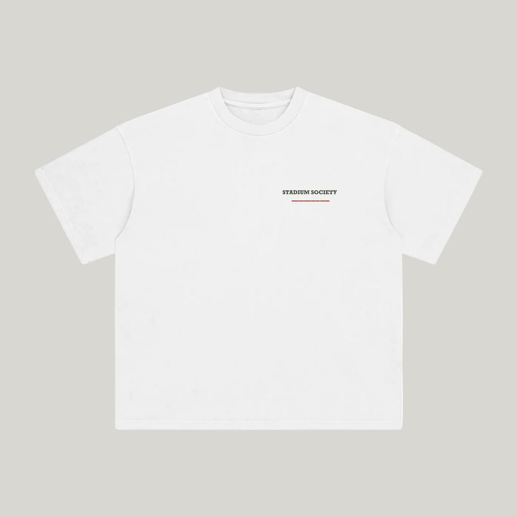 Front of White enzyme-washed T-shirt with a small Stadium Society chest mark
