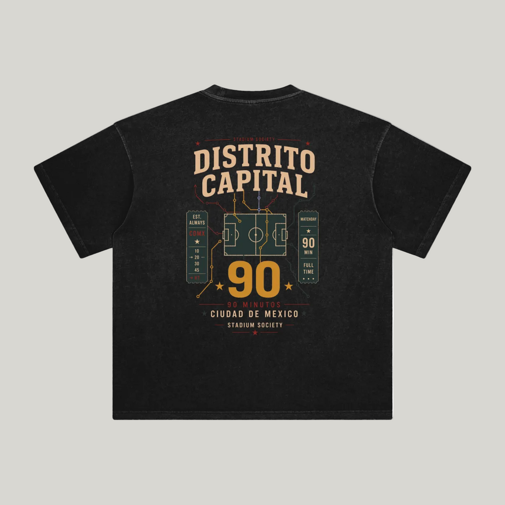 Back of Retro Black enzyme-washed T-shirt with a large Distrito Capital 90 poster graphic