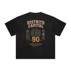 Back of Retro Black enzyme-washed T-shirt with a large Distrito Capital 90 poster graphic