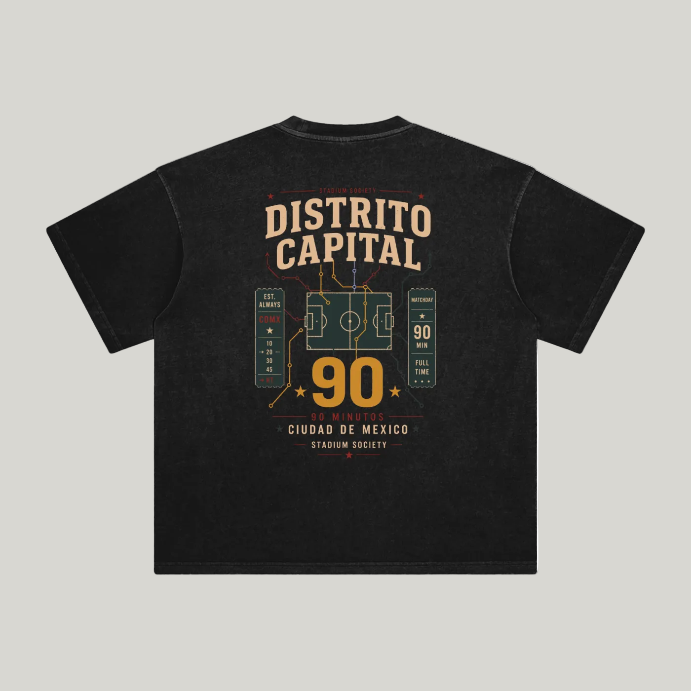 Back of Retro Black enzyme-washed T-shirt with a large Distrito Capital 90 poster graphic