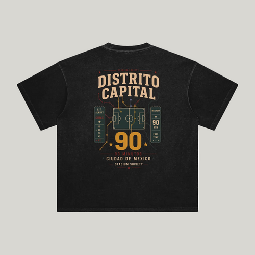 Back of Retro Black enzyme-washed T-shirt with a large Distrito Capital 90 poster graphic