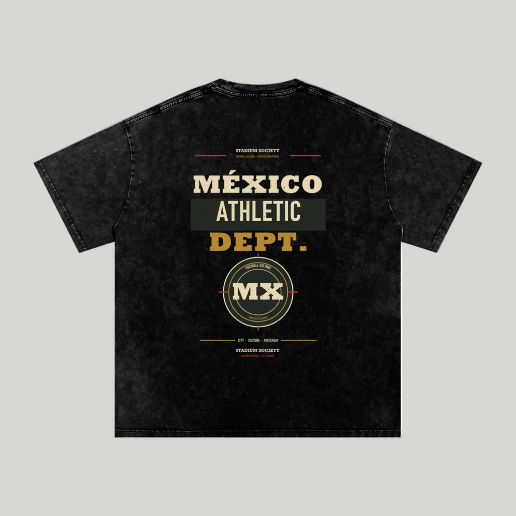 Back of black washed oversized T-shirt with a large Mexico Athletic Dept. graphic