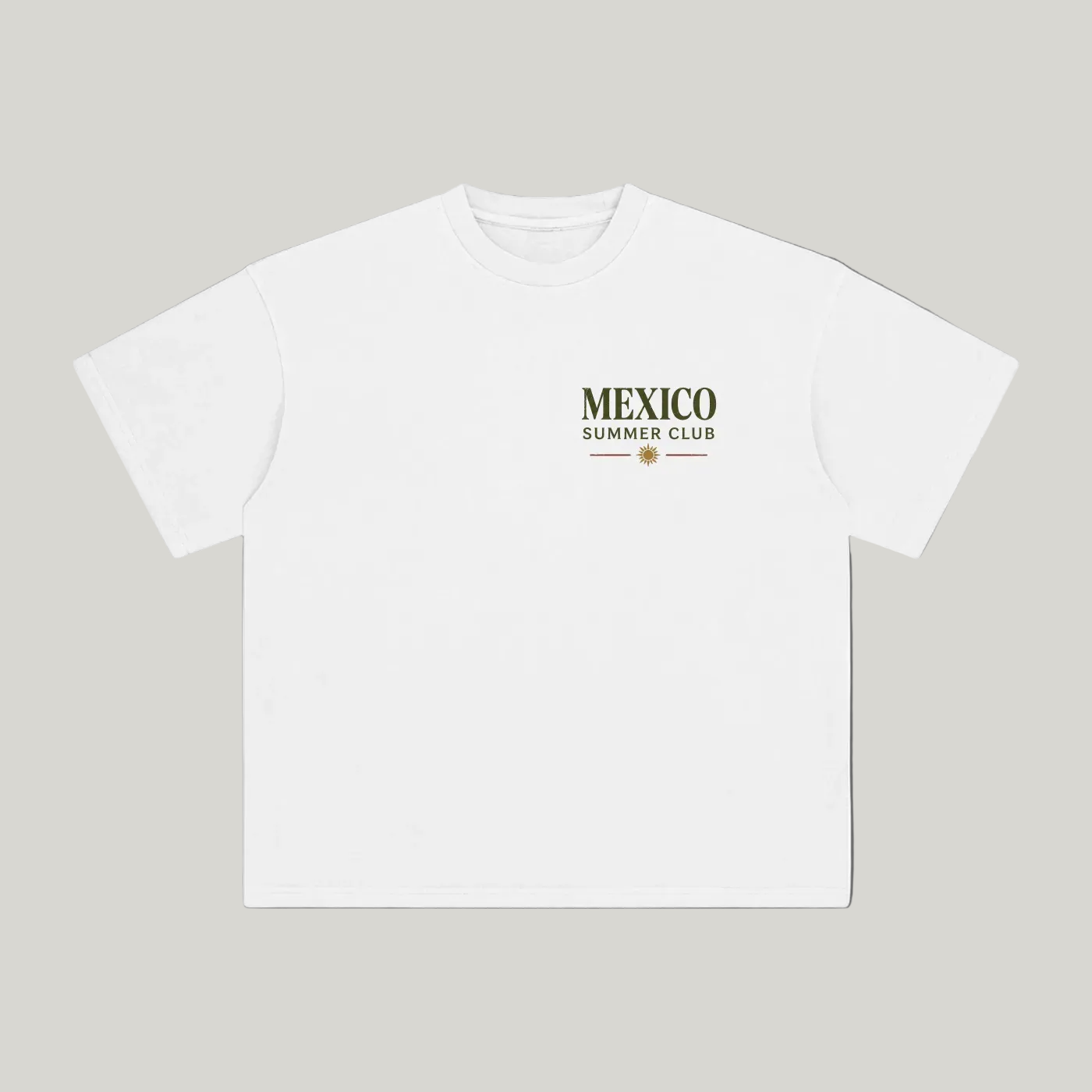 Front of White enzyme-washed T-shirt with a small Mexico Summer Club chest graphic
