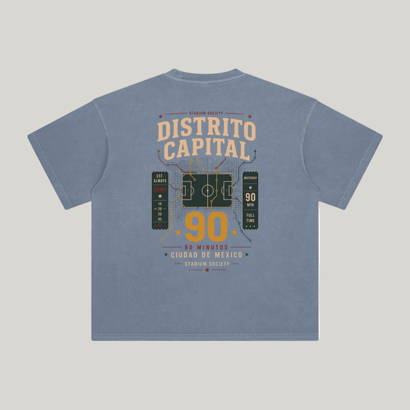 Back of Gray Blue enzyme-washed T-shirt with a large Distrito Capital 90 poster graphic