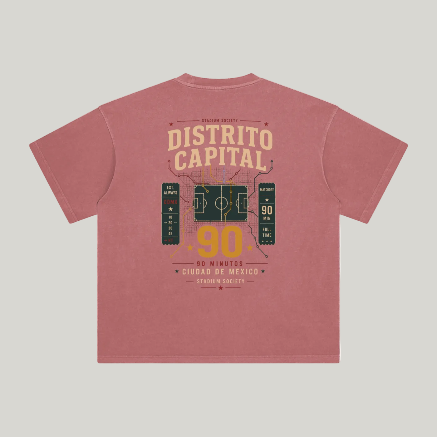 Back of Brick Red enzyme-washed T-shirt with a large Distrito Capital 90 poster graphic