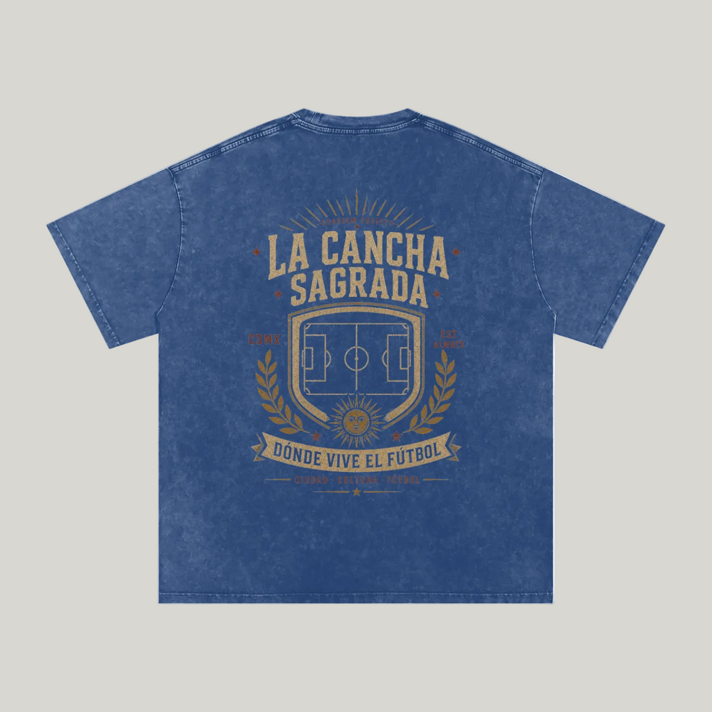 Back of Dark Blue washed oversized T-shirt with a large La Cancha Sagrada field graphic