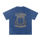 Back of Dark Blue washed oversized T-shirt with a large La Cancha Sagrada field graphic