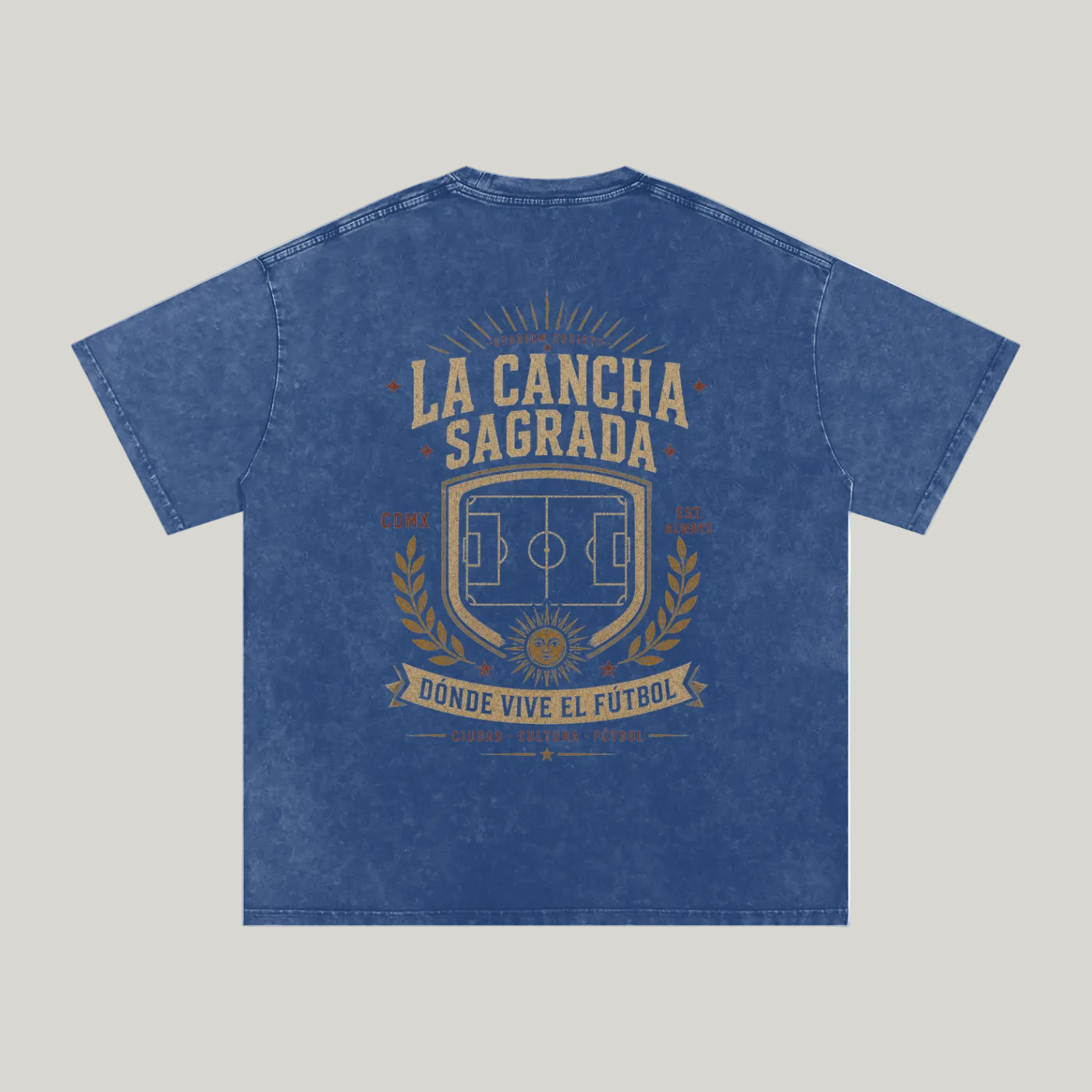 Back of Dark Blue washed oversized T-shirt with a large La Cancha Sagrada field graphic