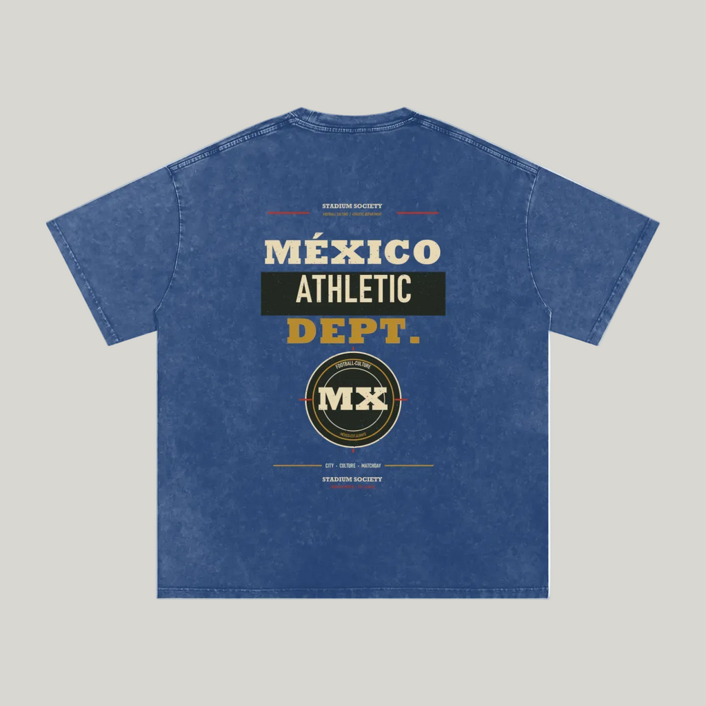 Back of Dark Blue washed oversized T-shirt with a large Mexico Athletic Dept. graphic