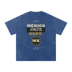 Back of Dark Blue washed oversized T-shirt with a large Mexico Athletic Dept. graphic