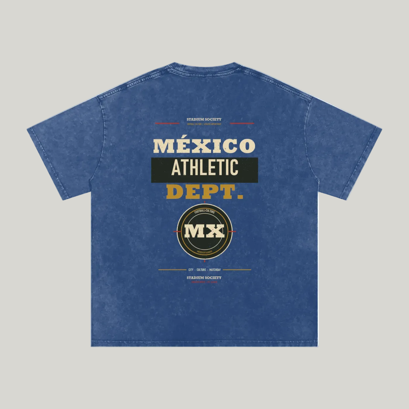 Back of Dark Blue washed oversized T-shirt with a large Mexico Athletic Dept. graphic