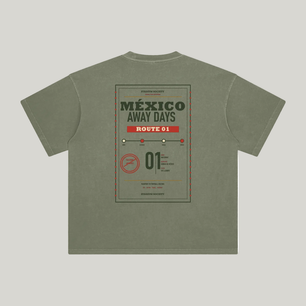 Back of Gray Green enzyme-washed T-shirt with a large Mexico Away Days travel graphic
