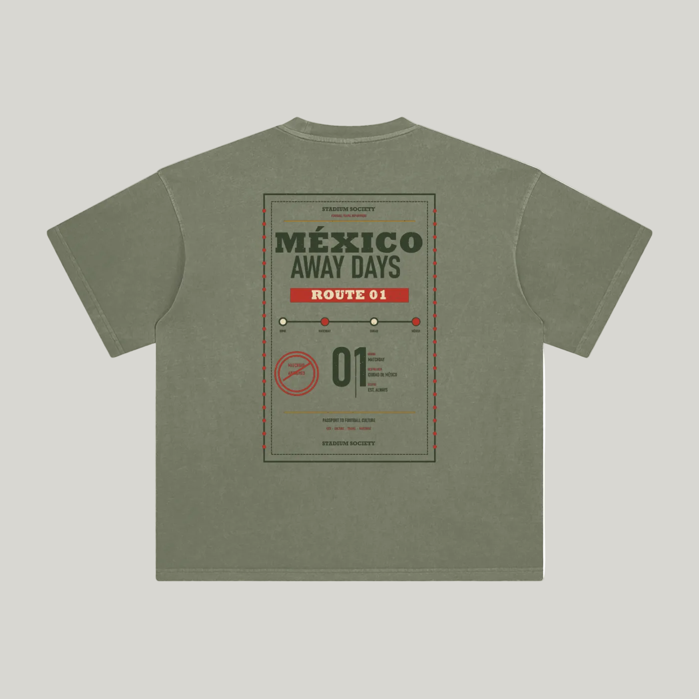 Back of Gray Green enzyme-washed T-shirt with a large Mexico Away Days travel graphic