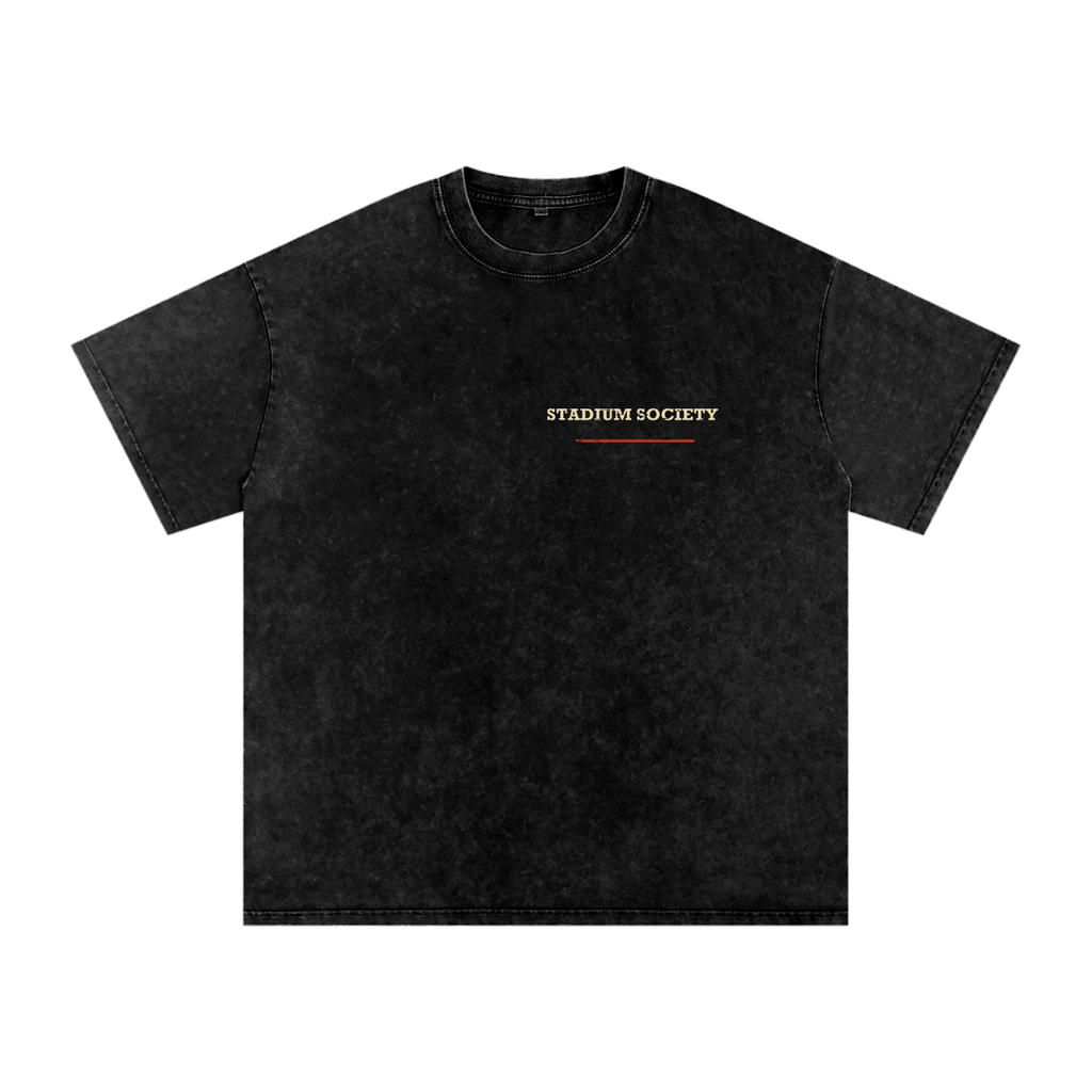 Front of black washed oversized T-shirt with a small Stadium Society chest mark