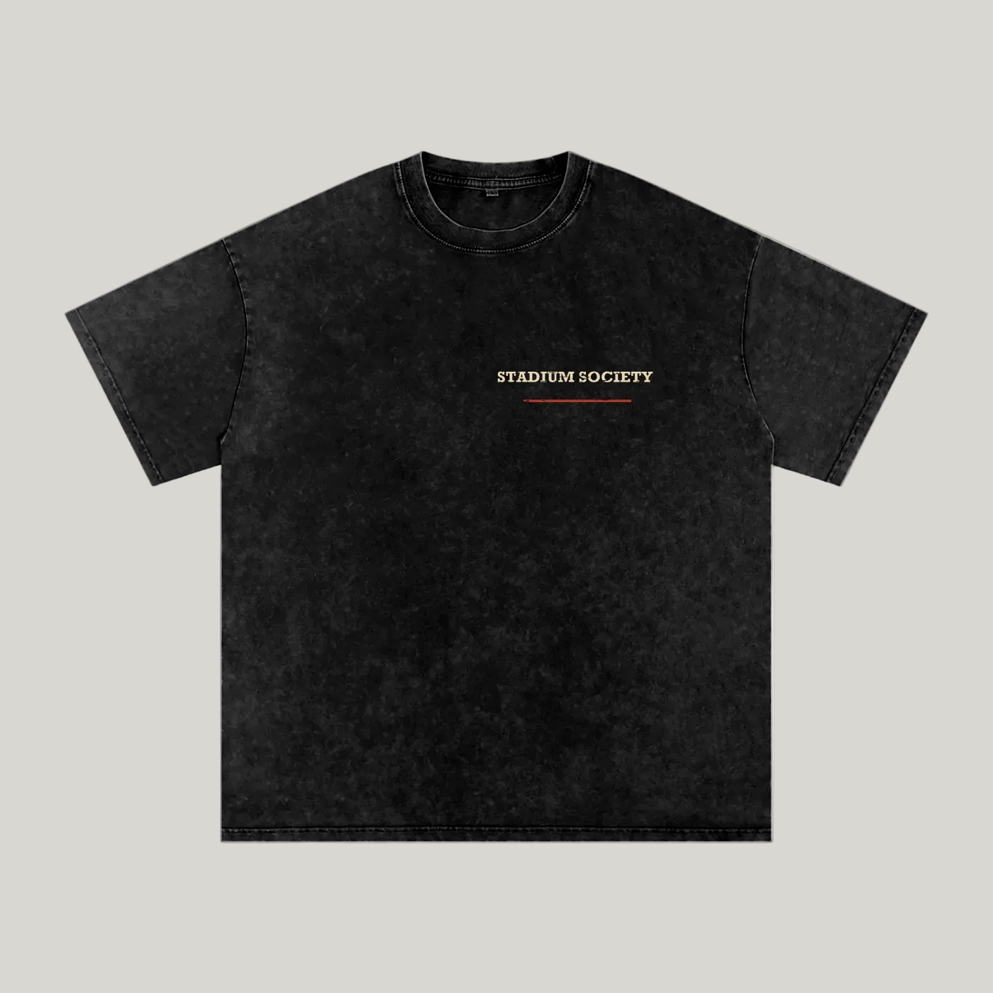 Front of black washed oversized T-shirt with a small Stadium Society chest mark