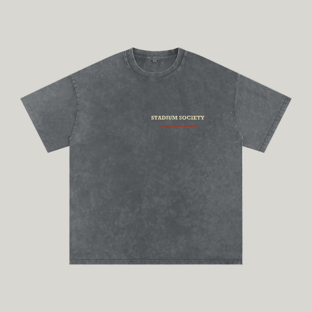 Front of Pirate Gray washed oversized T-shirt with a small Stadium Society chest mark